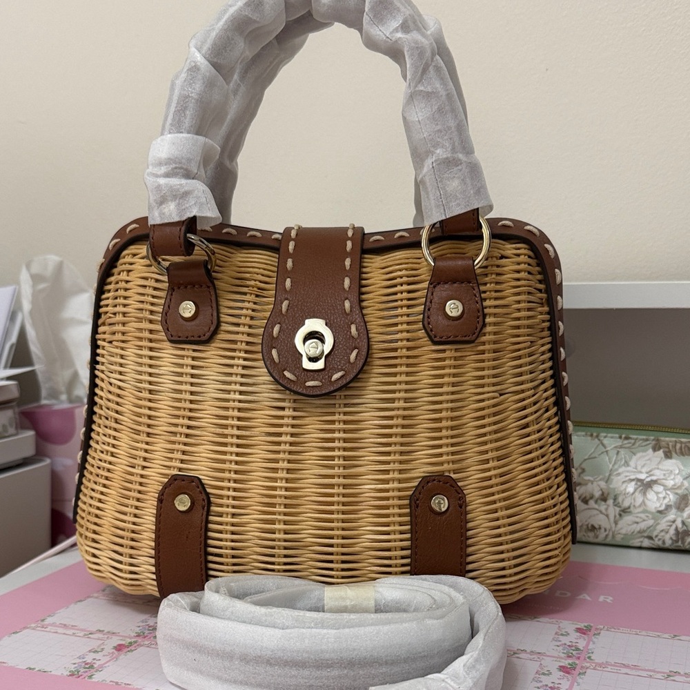 Etienne Aigner Woven Rattan Satchel Handbag in Tan and Brown
